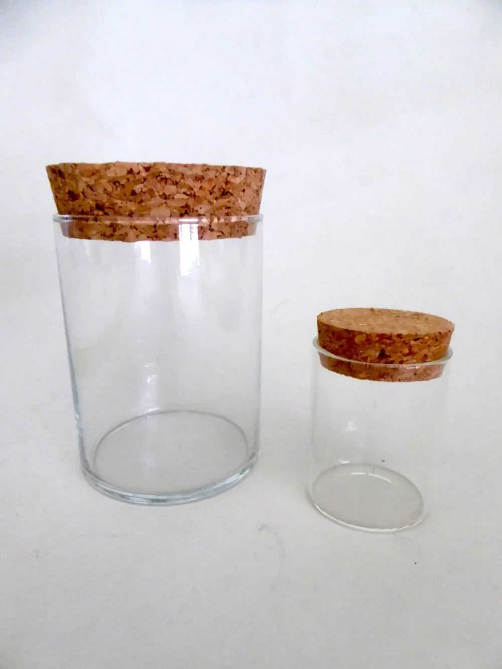 NEW 2.25” & 4” GLASS JARS CORK STOPPERS CLEAR CYLINDER (LOT OF 2)